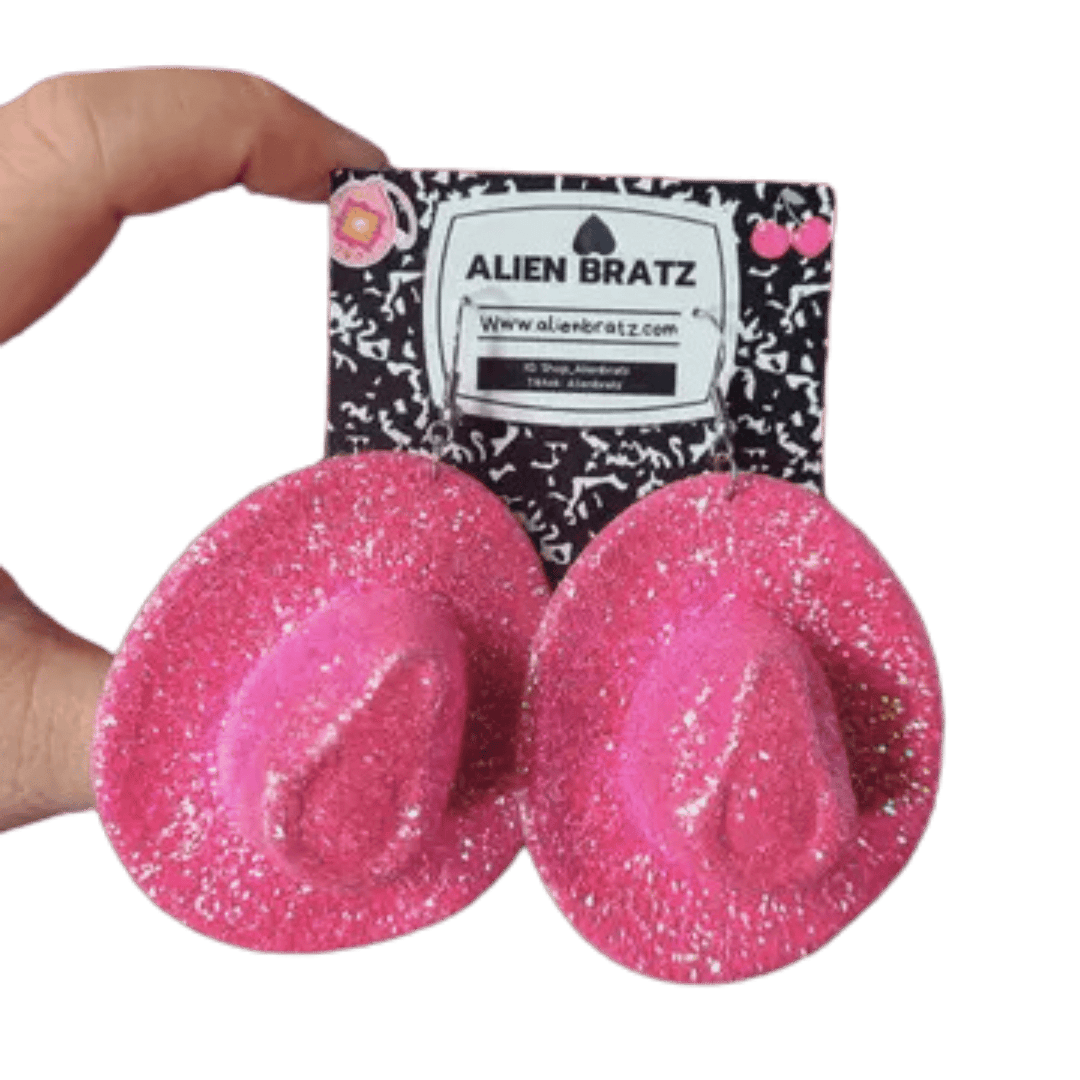 Glittery Hot Pink Cowboy Hat Earrings