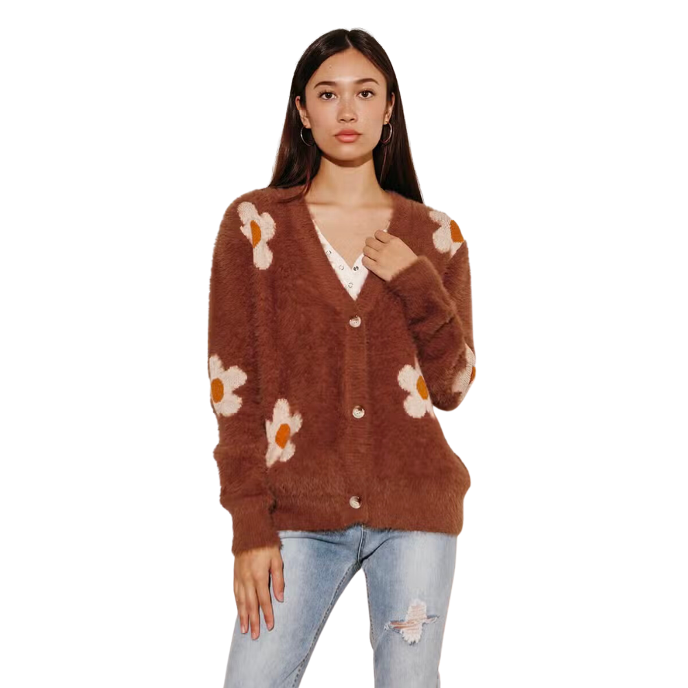 Fuzzy Flower Cardigan - Brown