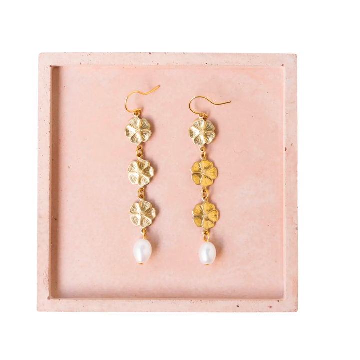 Pearl and Three Flowers Dangle Earrings