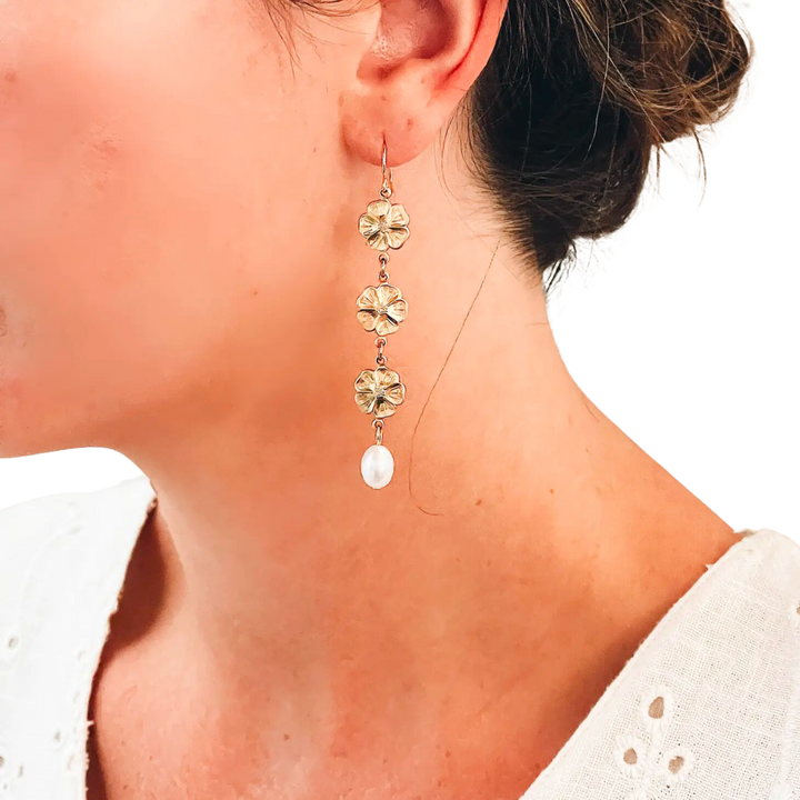 Pearl and Three Flowers Dangle Earrings