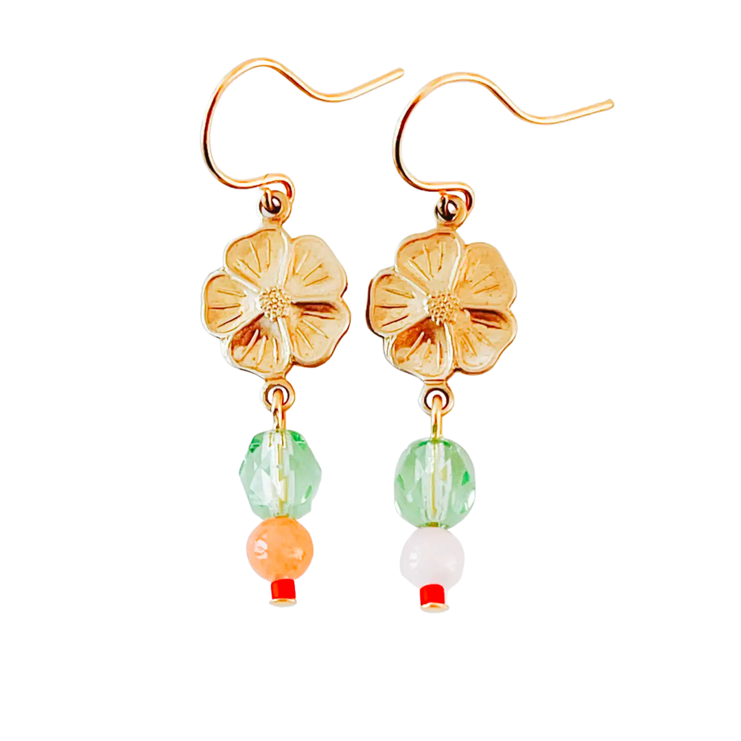 Small Flower with Coral and Rose Quartz Bead Earrings