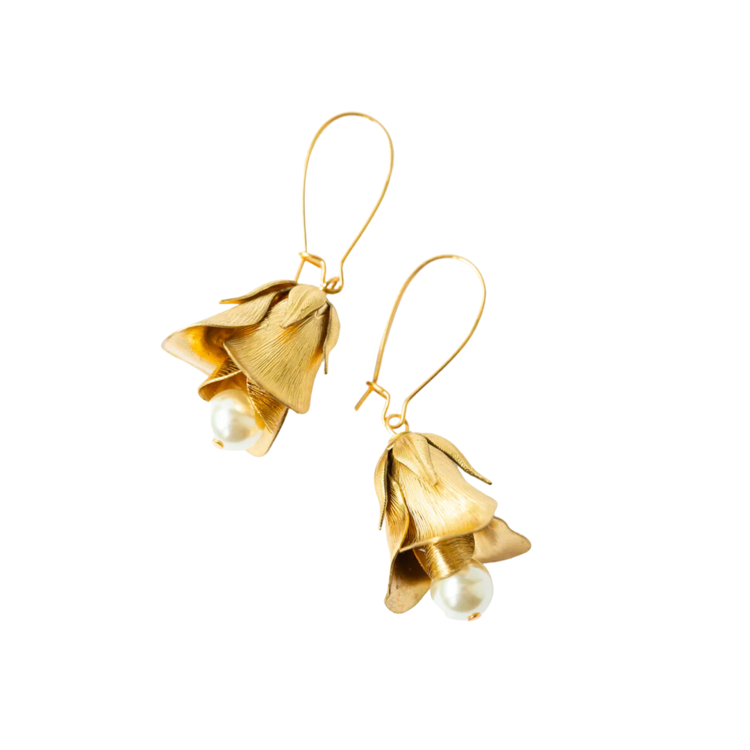 Flower Bud and Pearl Hanging Earrings