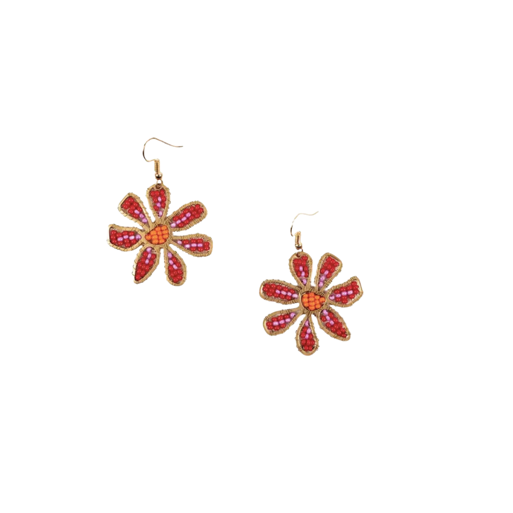 Red Beaded Daisy Earrings