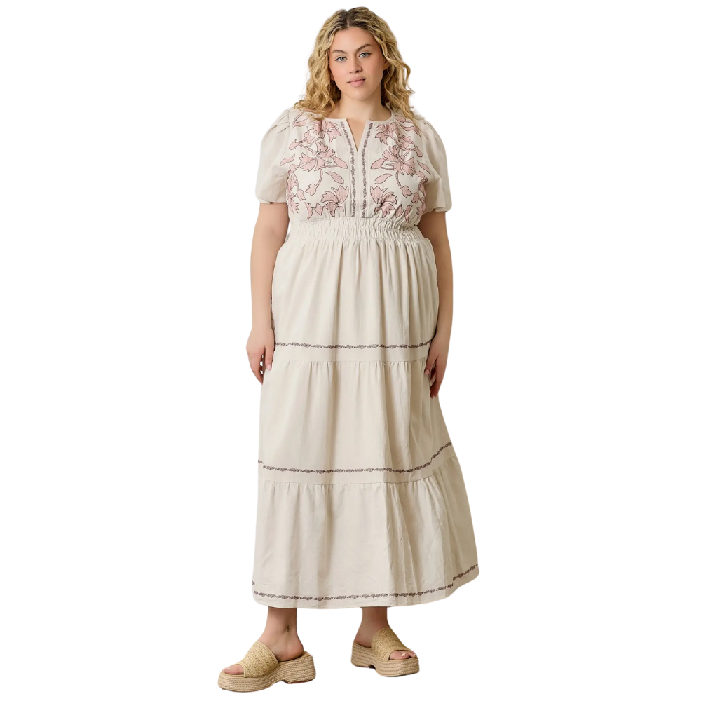Embroided Floral Print Maxi Tiered Dress