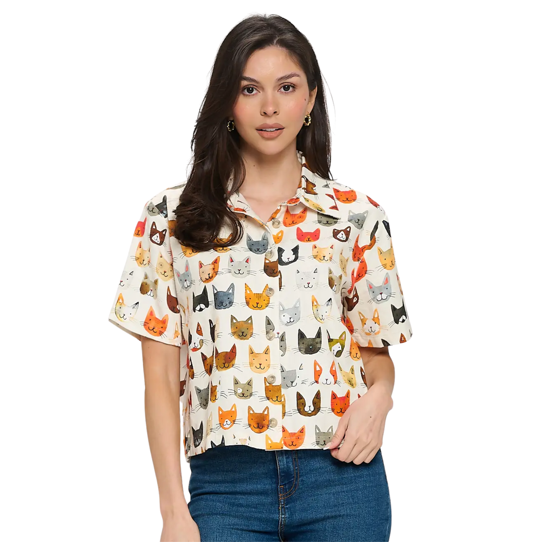 Colorful Cat Faces Print Shirt