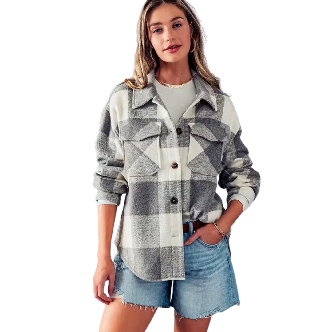 Plaid Flannel Button Down Jacket - Grey