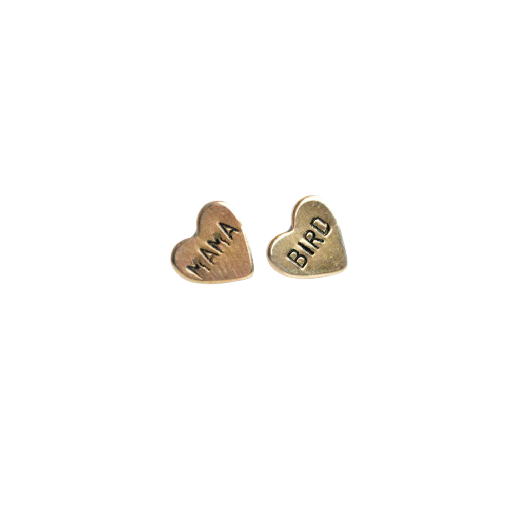Mama Bird Brass Heart Studs