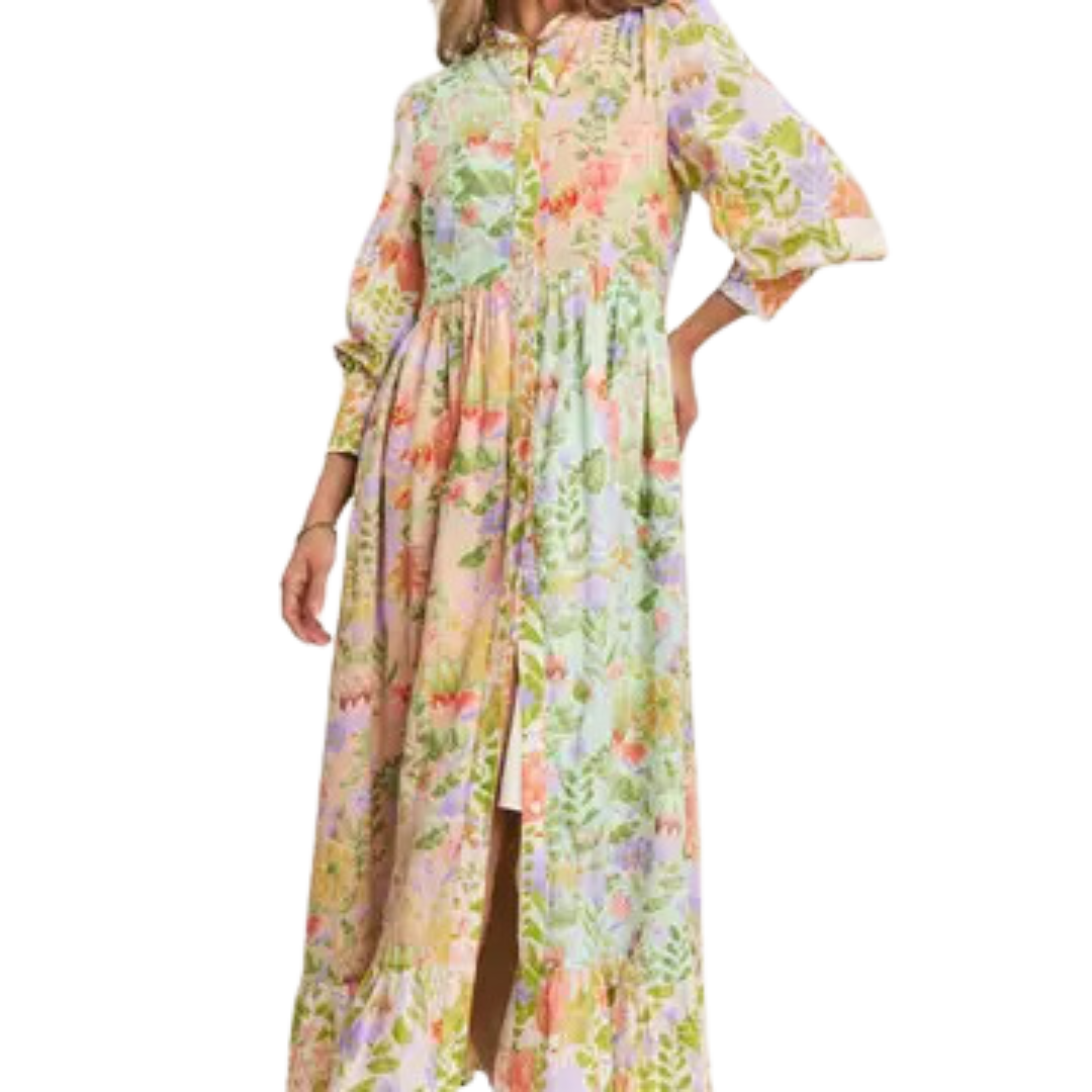 Floral Print Madarin Neck Line Midi Dress: Garden Dream