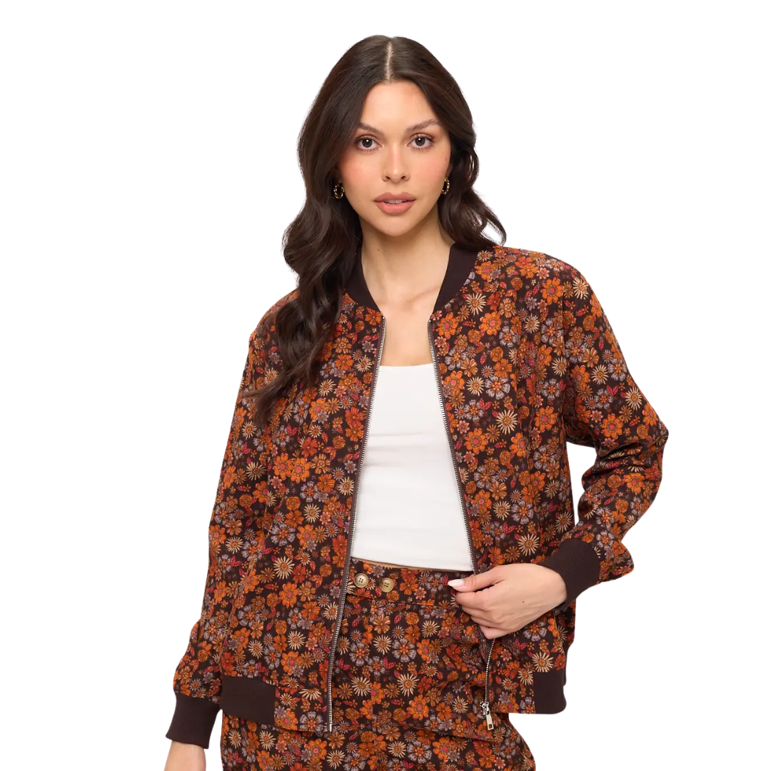Fall Floral Print Corduroy Bomber Jacket