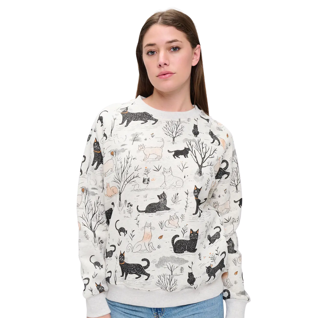 Whimsical Cat Forest Print Sweatshirt