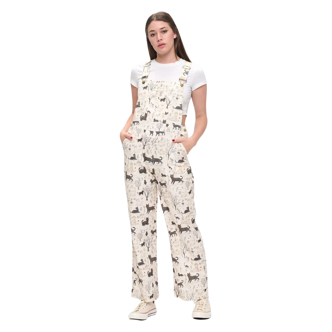 Whimsical Cat Forest Print Overalls