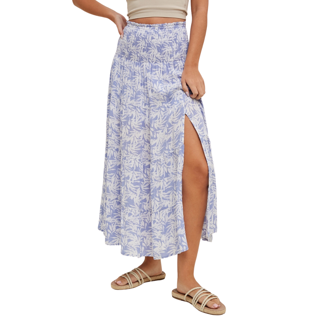 Blue Tropical Tiered Midi Skirt with Slit