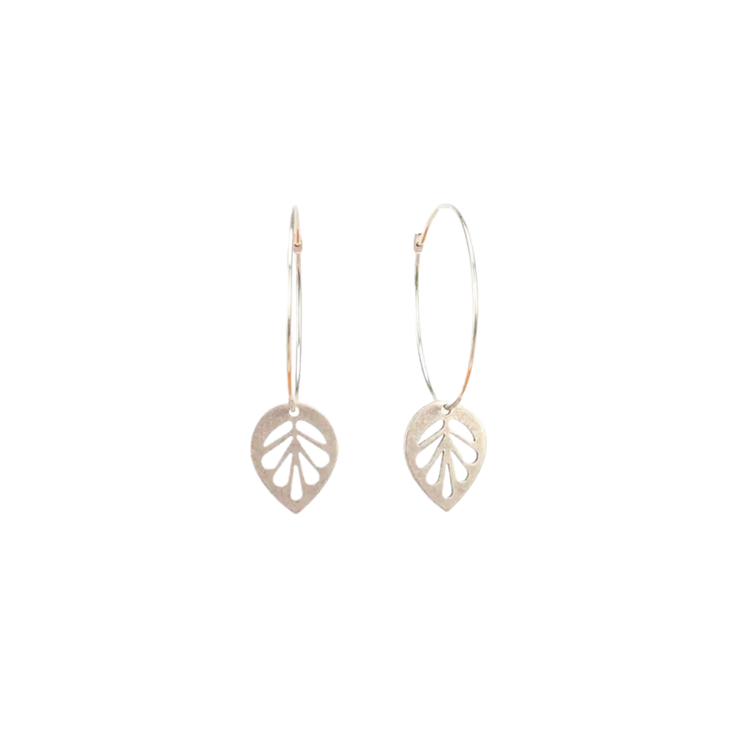 Silver Leaf Charm Hoop Earrings