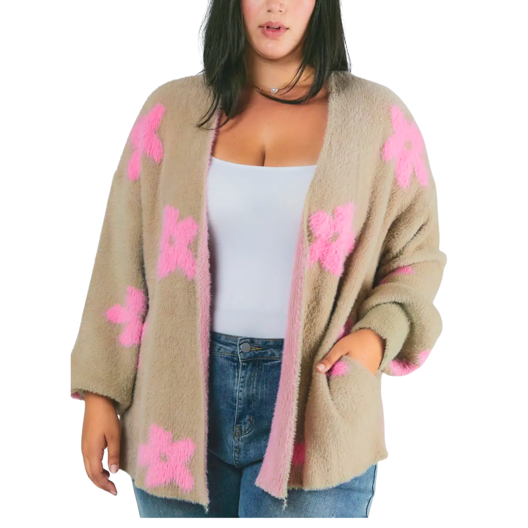 Plus Floral Printed Cardigan - Taupe