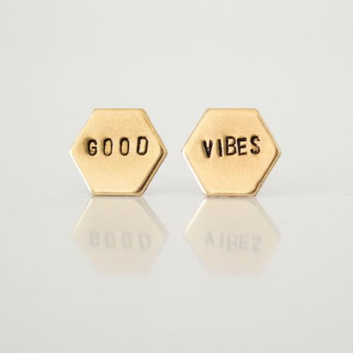 Good Vibes Brass Hexagon Studs