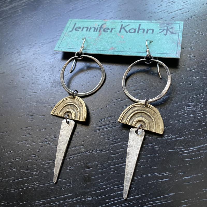 Tiny Silver Hoops with Brass Rainbow and Silver Spear Earrings