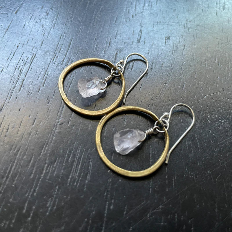 Tiny Brass Hoops with Raw Rose Quartz