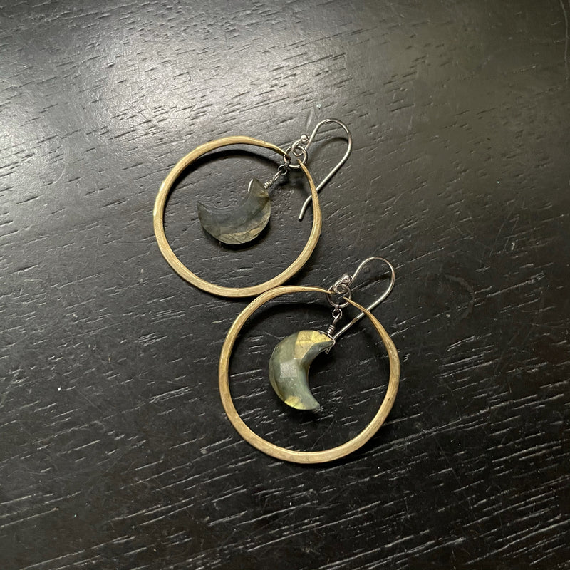 Faceted Labradorite Crescent Moons in Small Brass Hoops