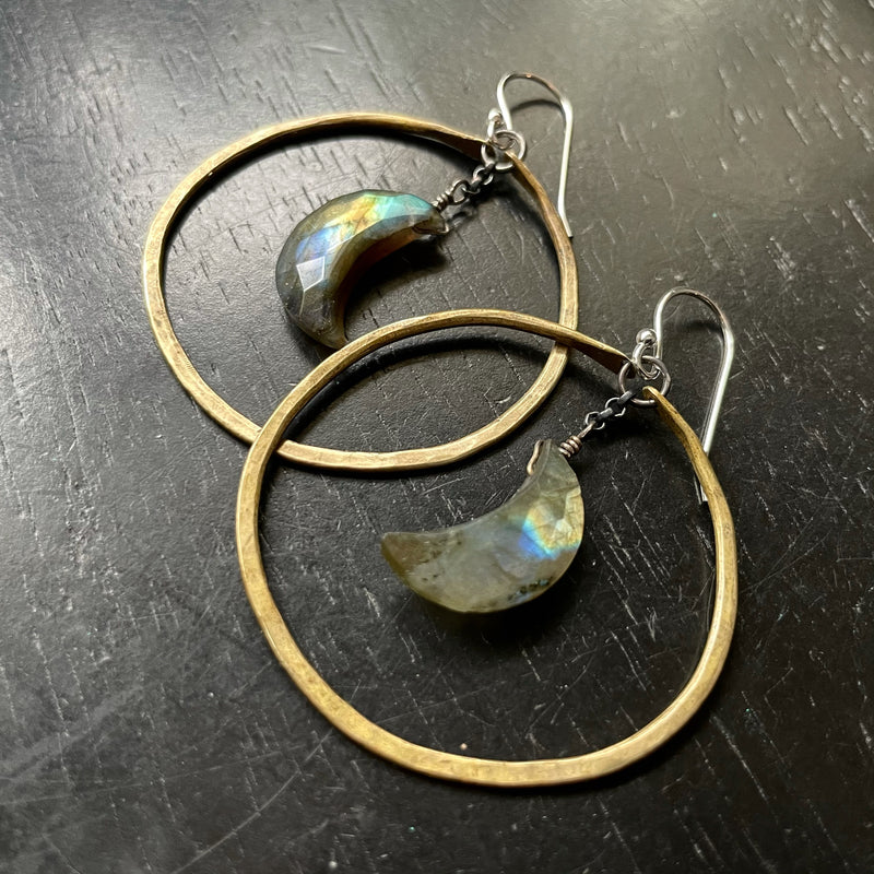 Faceted Labradorite Crescent Moons in Medium Brass Hoops