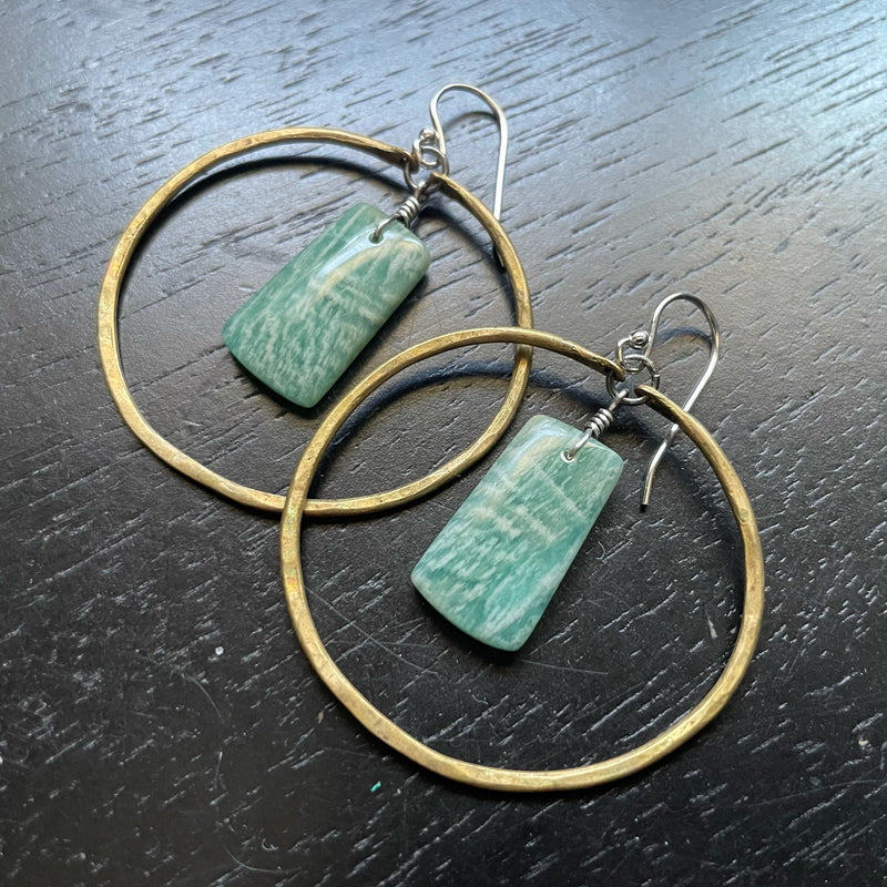Amazonite Circles: Medium Brass Hoops, Rectangular Stones