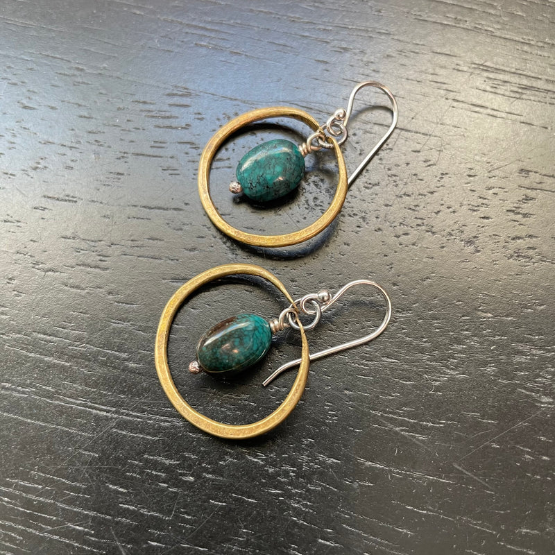Tiny Brass Hoops with Tourquoise