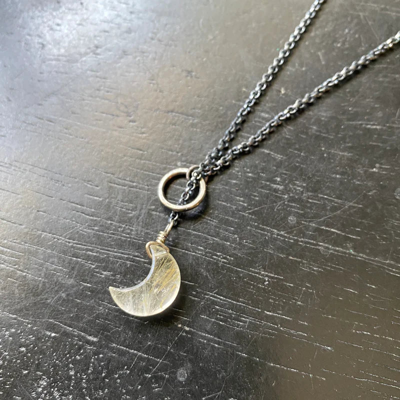 Gold Rutilated Quartz Crescent Moon "LARIAT" Necklace - Sterling Silver