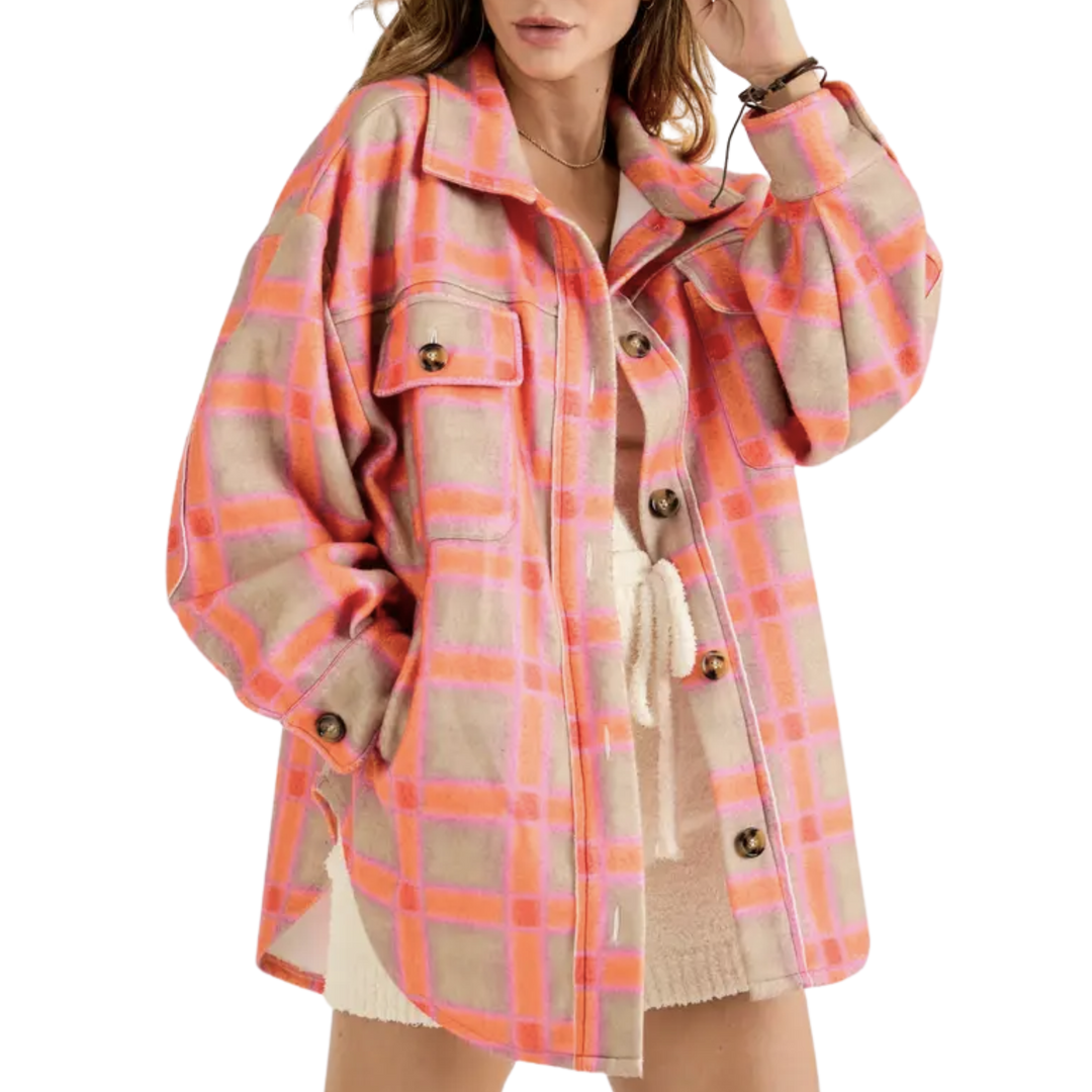 Plaid Button Down Jacket - Orange/Pink