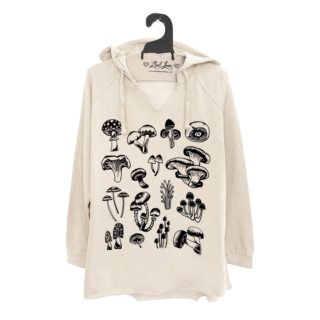 Cream Fleece V-Notch Beach Pullover Hood With Mushrooms