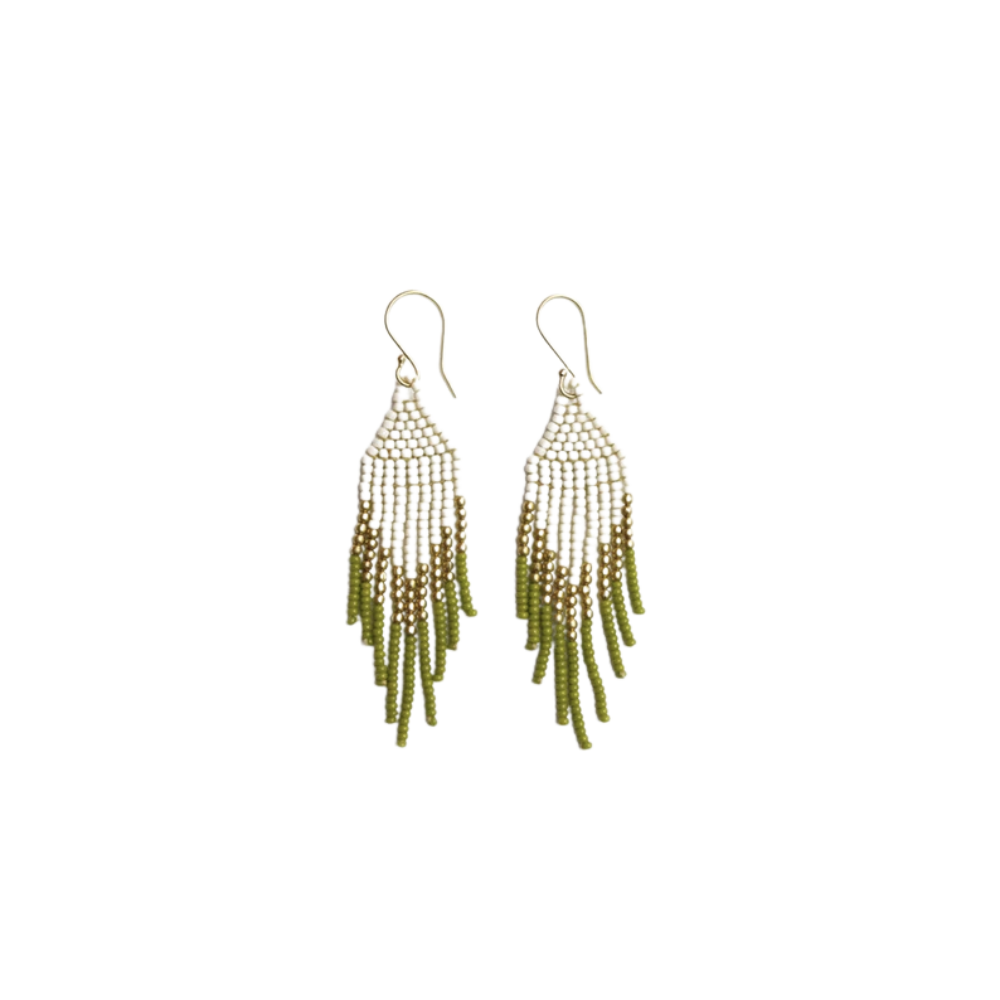 Green & White Beaded Fringe Earrings