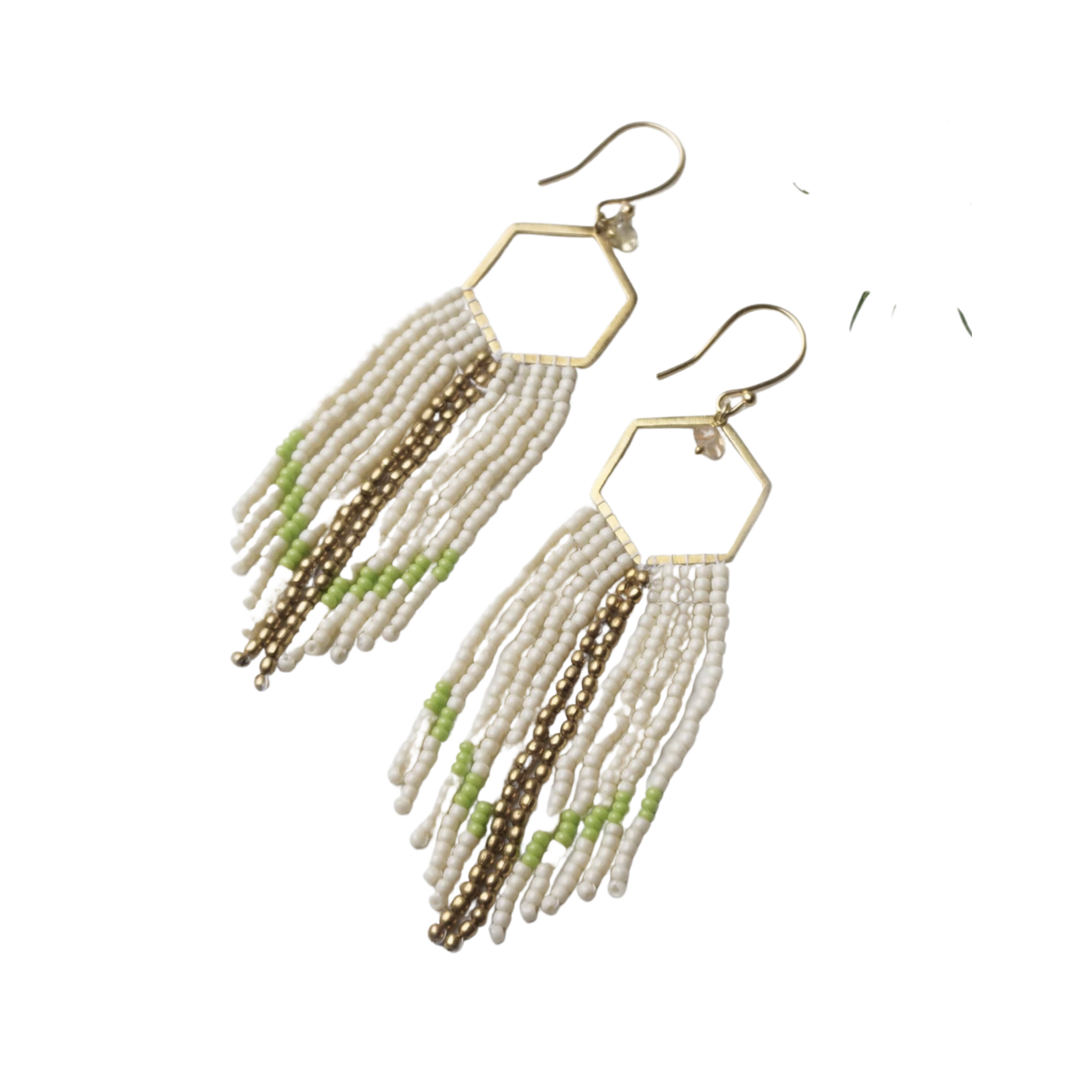 Hexagon Green and White Earrings with Citrine Gemstones