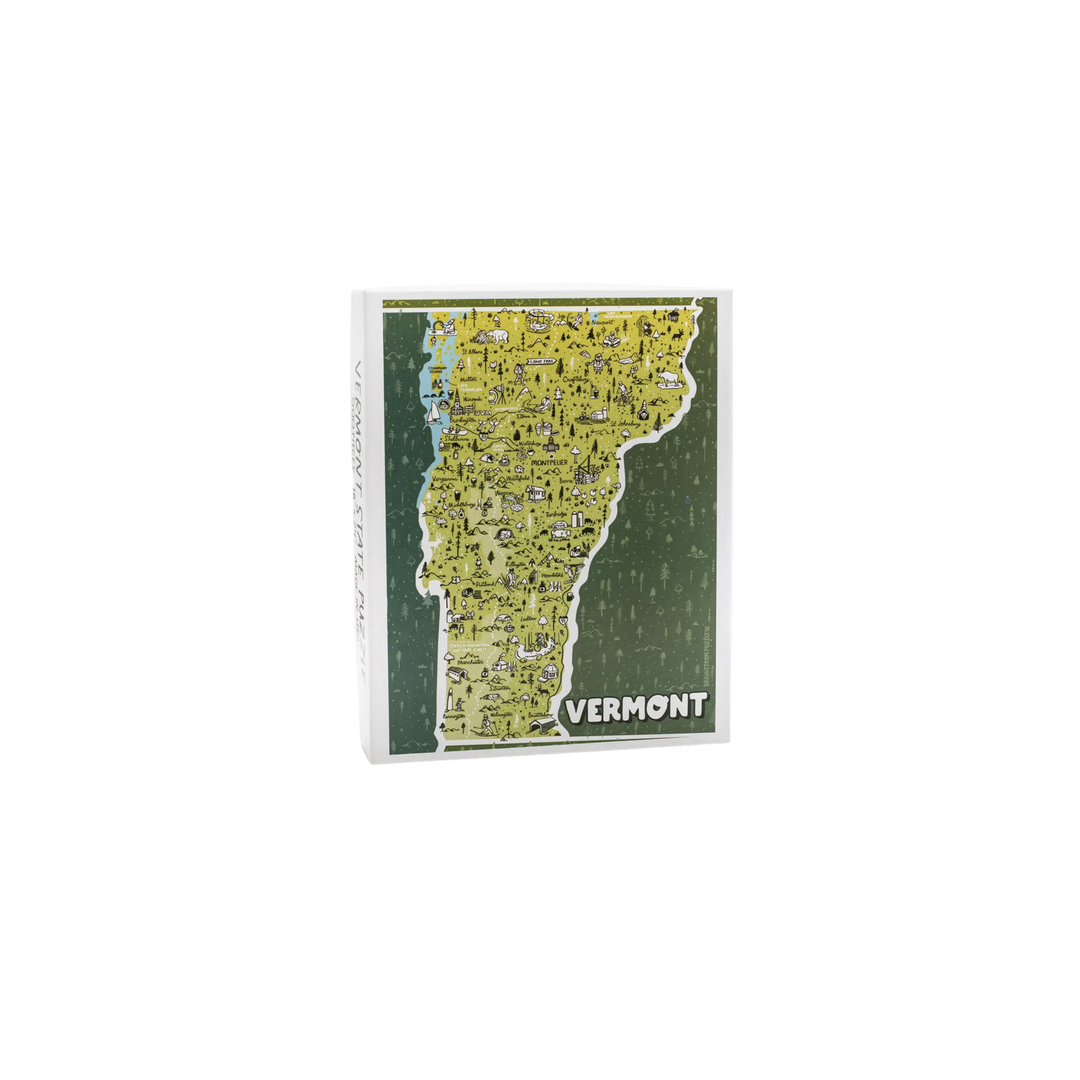 Light green Vermont illustration on dark green background.