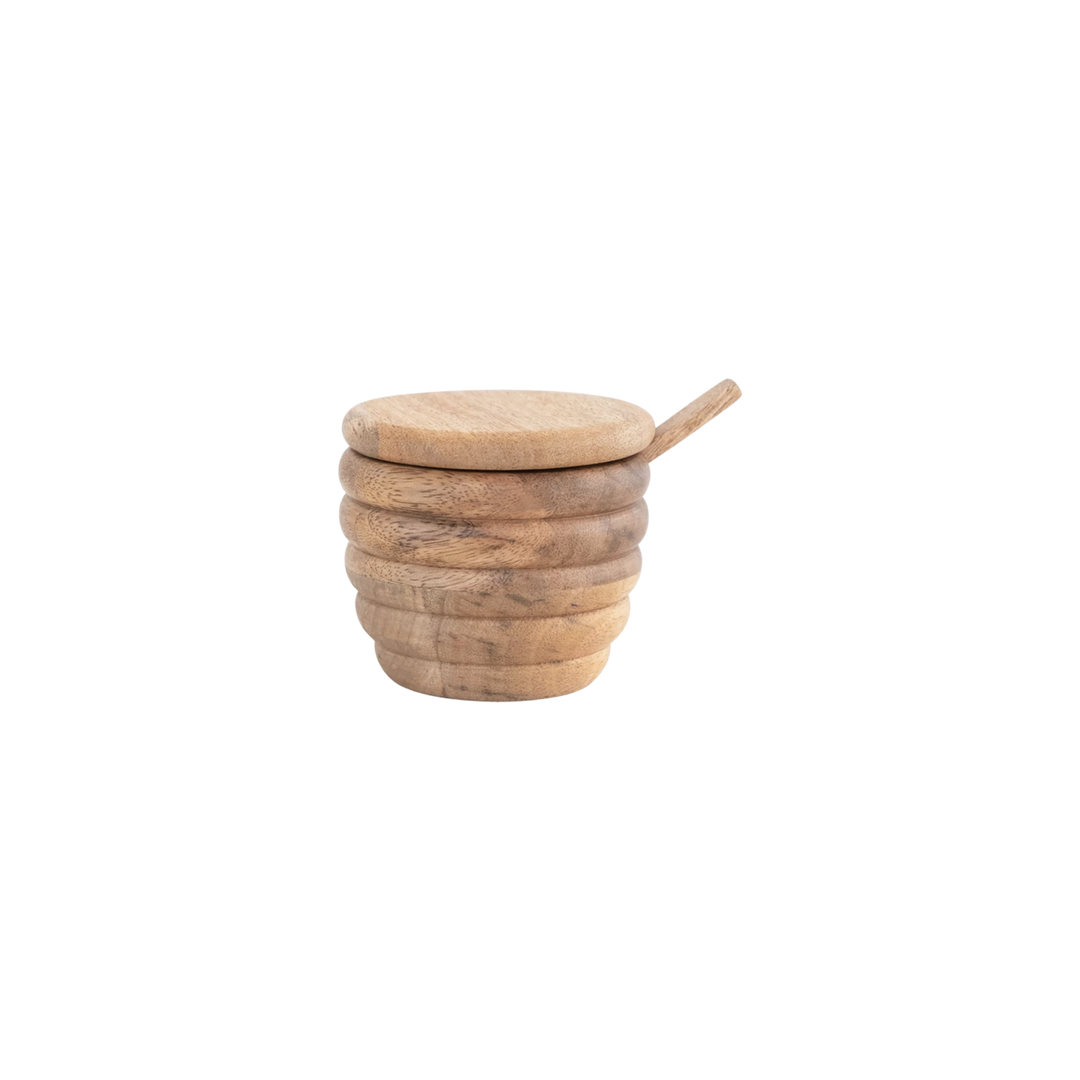 Carved Mango Wood Salt Cellar with Spoon