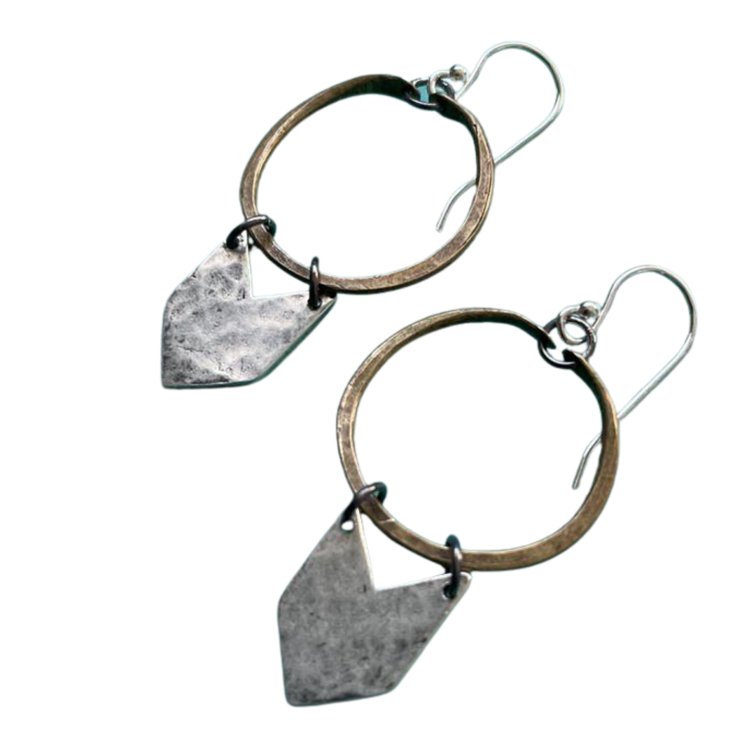 Tiny Brass Hoops with Hammered Silver Chevrons