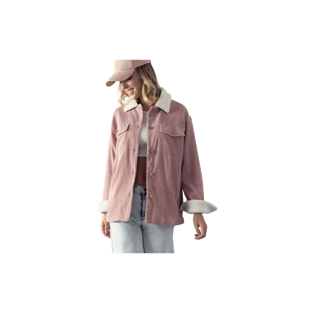 Dusty Pink Fleece Lined Button Detail Corduroy Shacket
