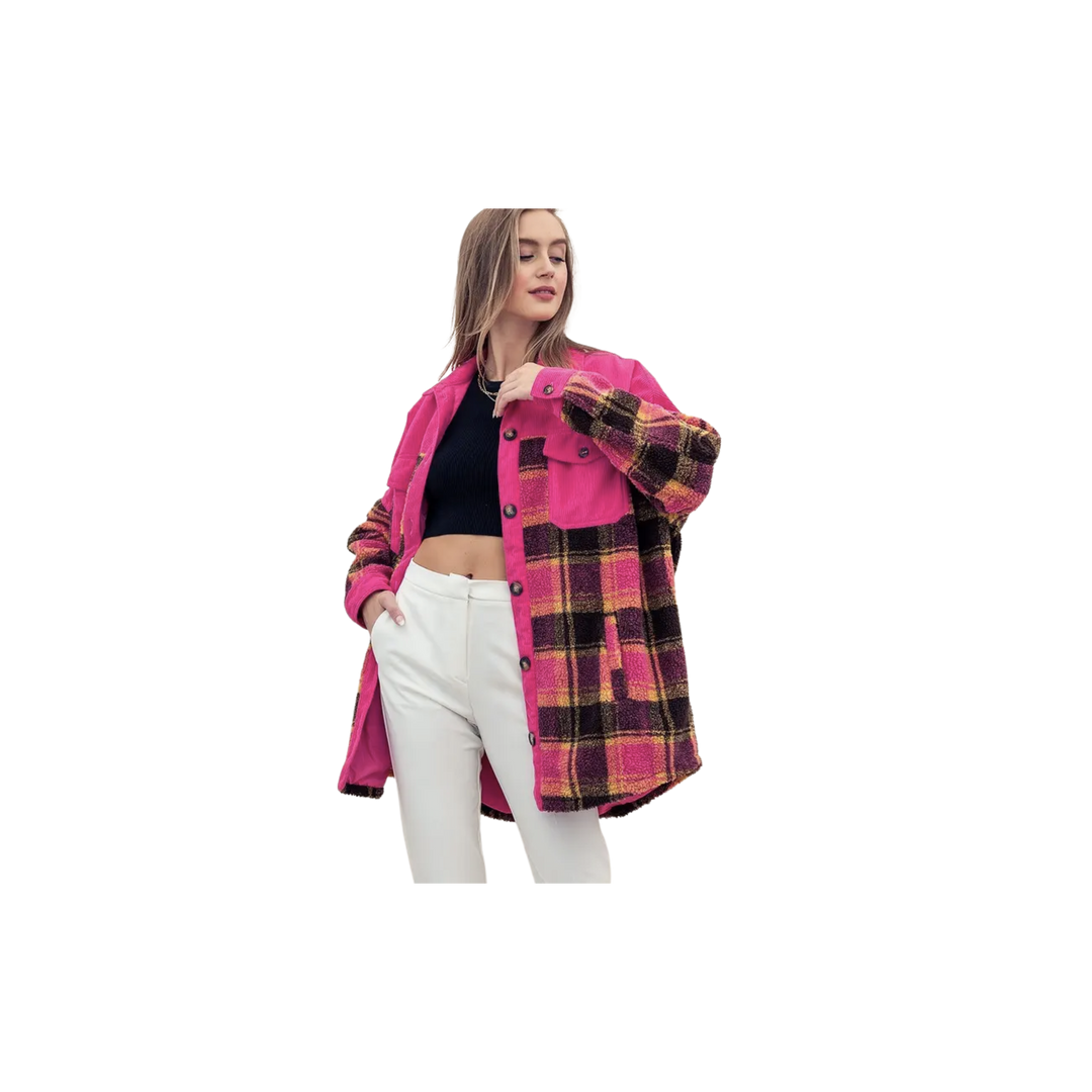 Oversized Corduroy And Plaid Pattern Fleece Jacket