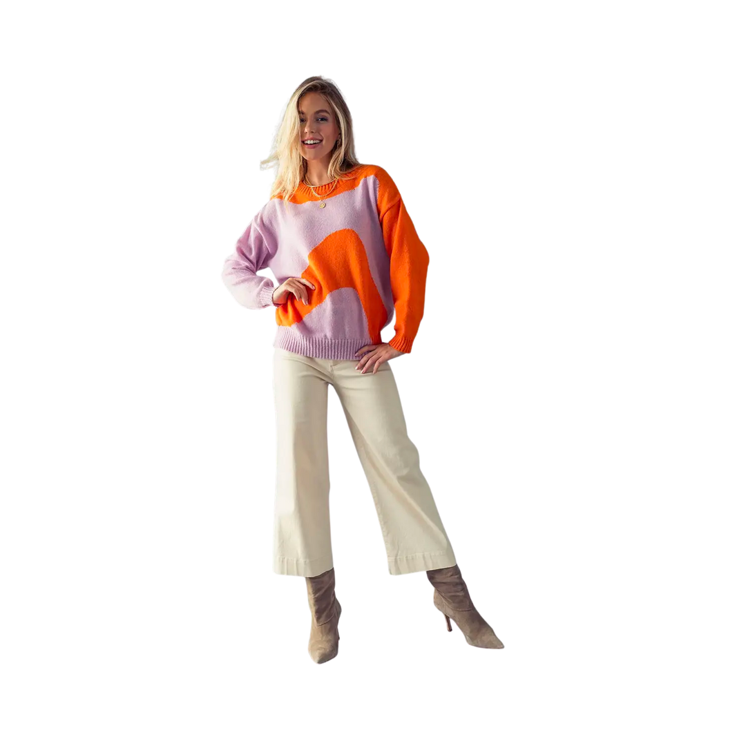 Two Tone Marble Crew Neck Cozy Knit Sweater