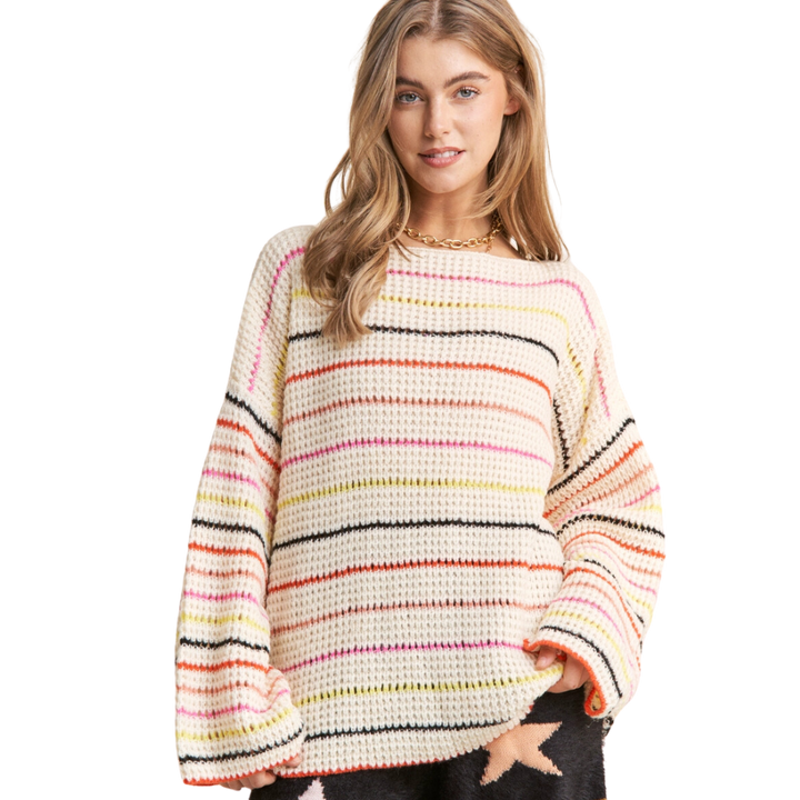 Striped Bell Sleeve Relaxed Fit Sweater Top