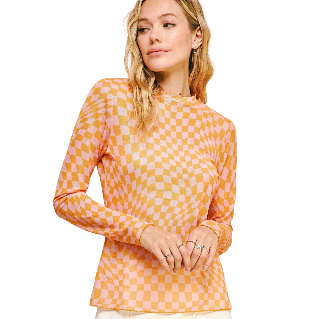 Checker Board Mesh Long Sleeve Layering Top