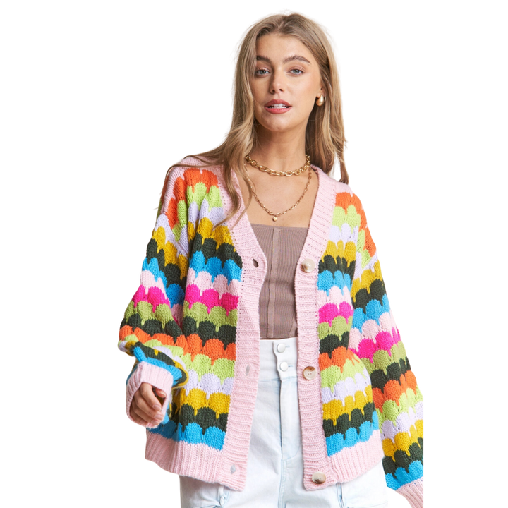 Fish Scales Multicolor Design Knit Cardigan