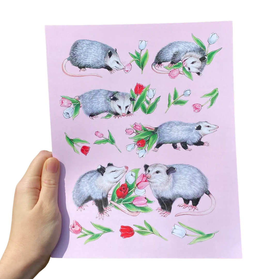 Opossums and Tulips Art Print (8" X 10")