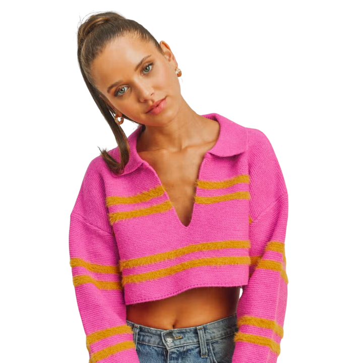 Stripe Collar Sweater Crop Top/ FUCHSIA/MUSTARD