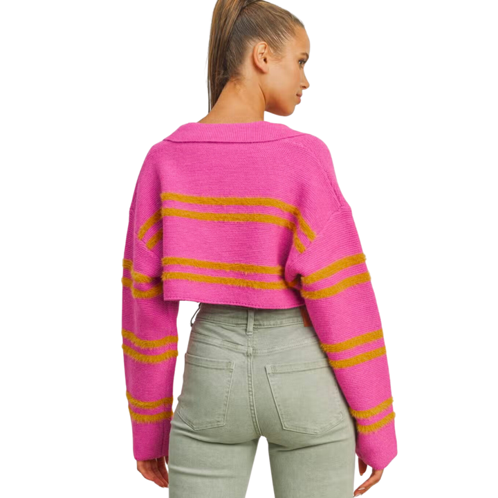 Stripe Collar Sweater Crop Top/ FUCHSIA/MUSTARD