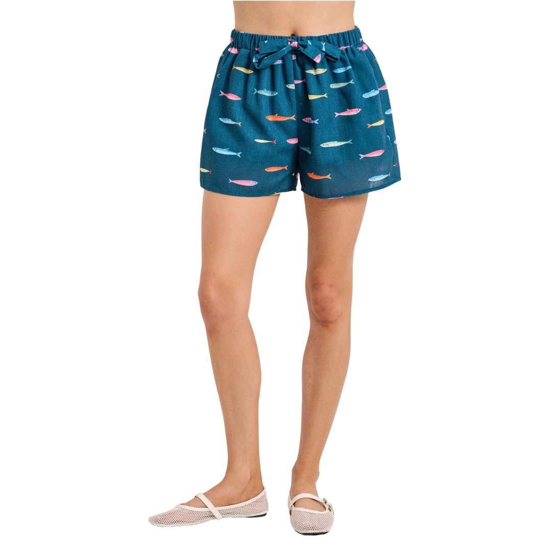 Fish Print Drawstring Shorts