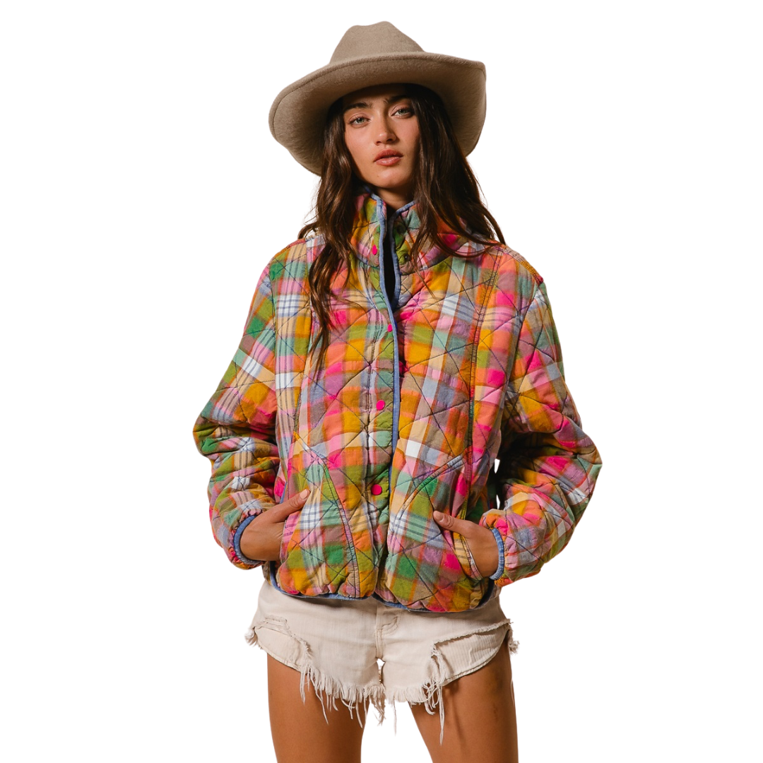 Bleached Vintage Plaid Quilted Jacket with Pockets