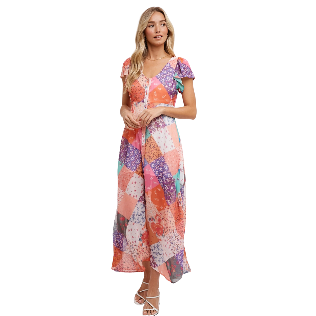 Quilt Printed Button Down Maxi Dress