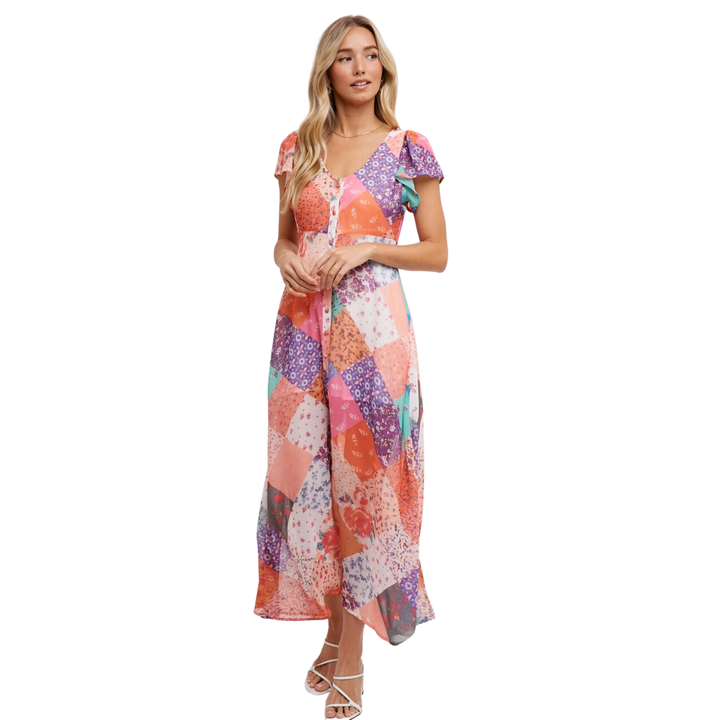 Quilt Printed Button Down Maxi Dress