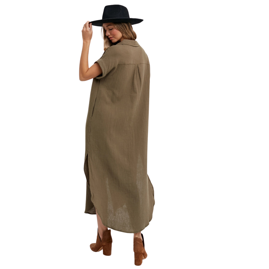 Button Up Maxi Shirt Dress - Olive