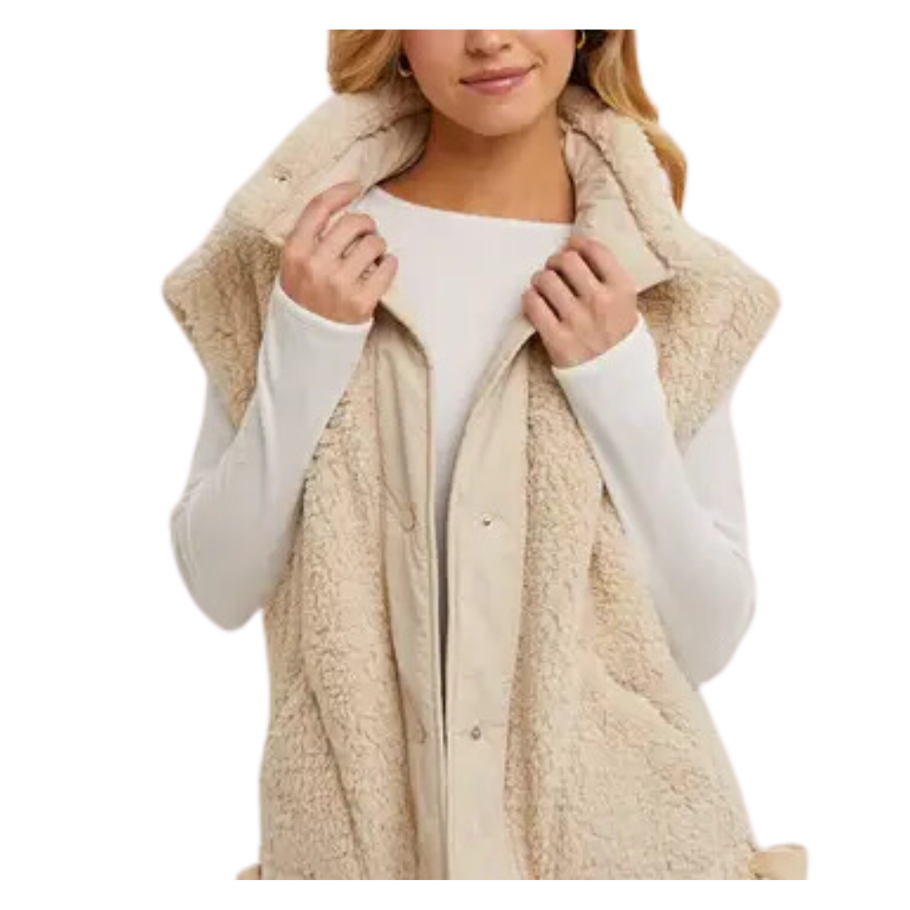 Button Down Mock Neck Fleece Sherpa Vest