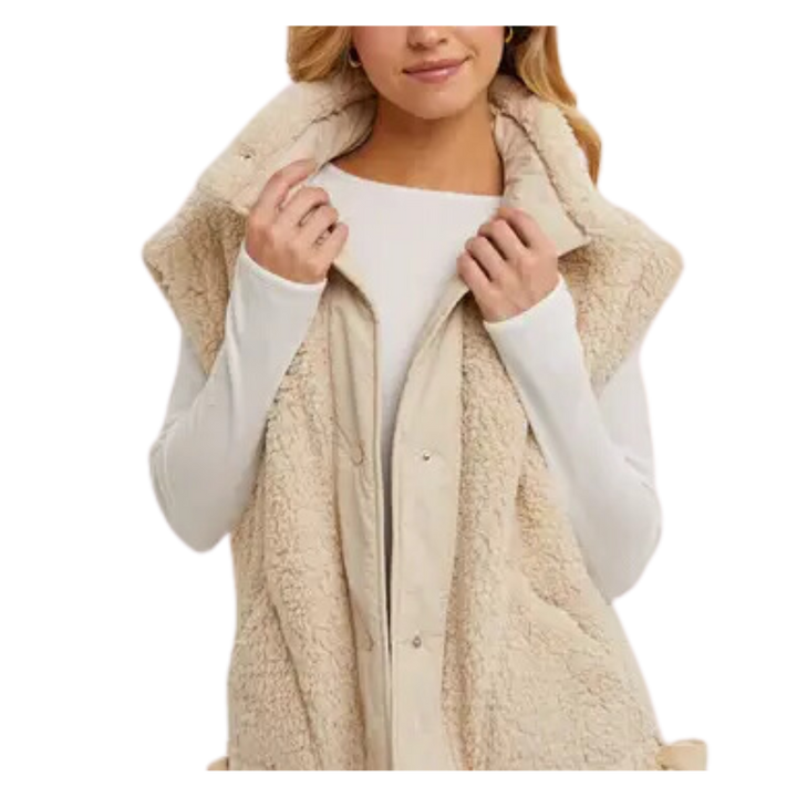 Button Down Mock Neck Fleece Sherpa Vest