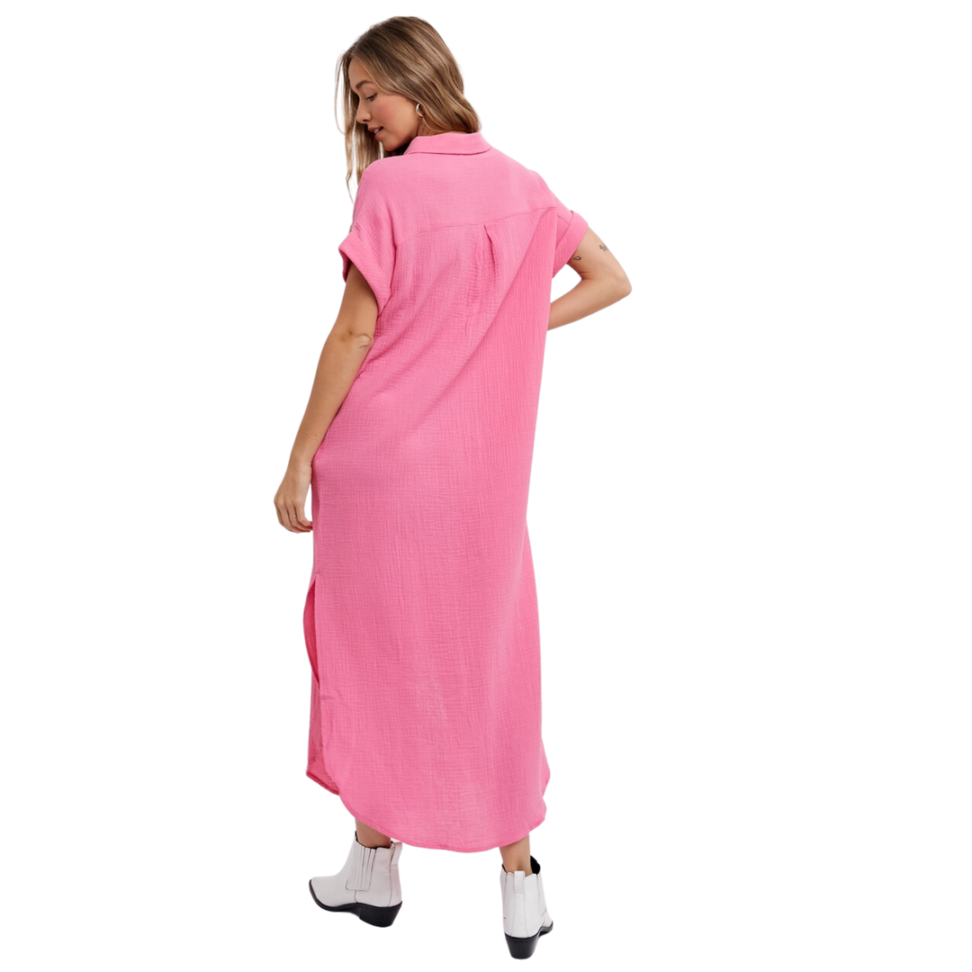 Button Up Maxi Shirt Dress - Barbie Pink